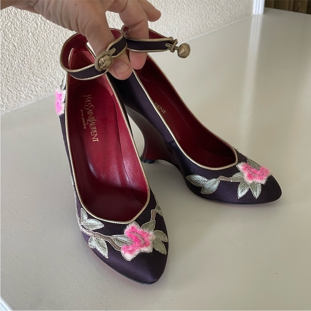 Yves Saint Laurent YSL 2004 Tom Ford era opium floral wedge Heels Ankle Strap 38 - Picture 7 of 12